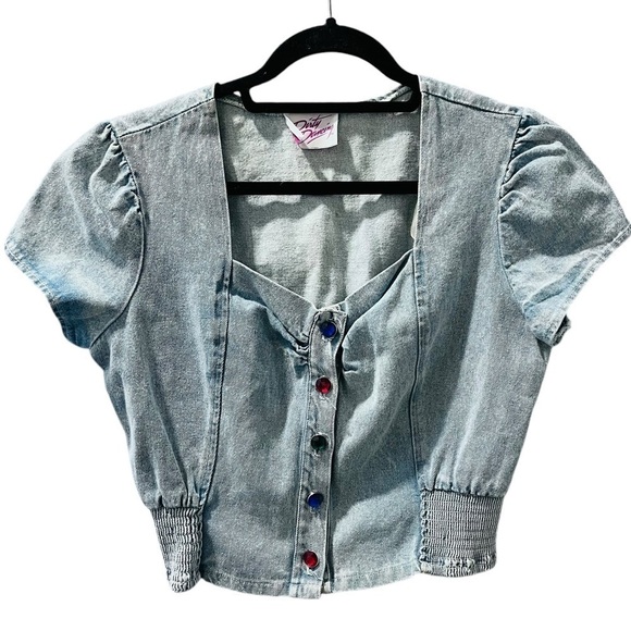 Dirty Dancing Vintage 80's Cropped Jeweled Buttons Top Blue Denim Size Medium - Picture 1 of 7